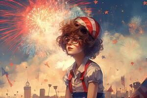 Beautiful American Girl Wearing Cap, Eyeglasses and Exploding Fireworks in Sky Background for 4th of July, Independence Day Celebration Concept. . photo