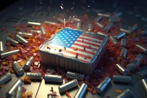 American Flag Square Box with Silver Cartridge, Confetti Falling on Floor. 4th of July Independence Day Celebration Concept. photo