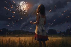 Rear Look of Teenage Girl Celebrating Festival with Sparkler Stick on Dried Grass Background. . photo