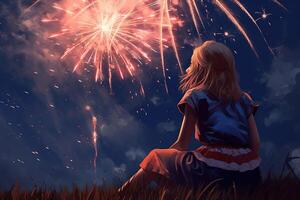 posterior Mira de americano joven niña celebrando 4to de julio y acecho fuegos artificiales. generativo ai. foto