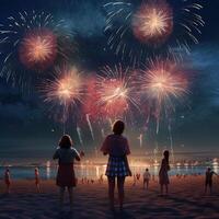 American People Celebrating New Year Eve or Fourth of July Festival at Beach Side, Fireworks Exploding Over a City Skyline with Reflections in the Water. . photo