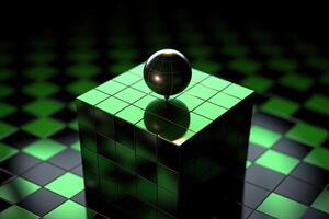 Dark Green and Black Checkered Abstract Background with Glowing Spheres 3d Render illustration. Generative AI. photo