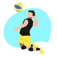 masculino vóleibol atleta haciendo espiga, saltando pose. azul antecedentes. vector plano ilustración.