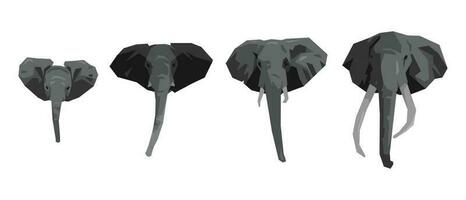 Collection set of elephant's head front view. different types, sizes, ages, angles. cartoon flat vector illustration.