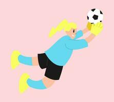 Female goalkeeper trying to catch a soccer ball. Wear blue jersey. Playing football, soccer. Vector flat illustration.