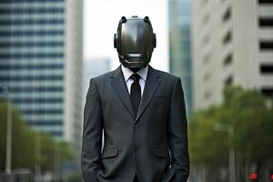 Closeup Image of Businessman Wearing Cyberpunk Mask in Standing Pose, Blurred Building Background. . photo