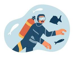 Underwater diving conceptual hero image. Scuba diver exploring sealife 2D cartoon character on white background. Snorkeler with air tank isolated concept illustration. Vector art for web design ui