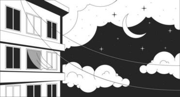 ventanas Departamento edificio noche negro y blanco lo fi frío fondo de pantalla. luz de la luna noche cielo residencial 2d vector dibujos animados paisaje ilustración, minimalismo antecedentes. Años 80 retro álbum arte, línea Arte