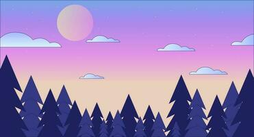 Dusk forest skyline lo fi chill wallpaper. Twilight sky stars. Sunset beauty in nature 2D vector cartoon landscape illustration, vaporwave background. 80s retro album art, synthwave aesthetics