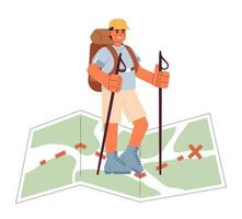 Adventure travel conceptual hero image. Backpacker trekking across map 2D cartoon character on white background. Wilderness backpacking isolated concept illustration. Vector art for web design ui