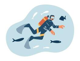 Scuba diving conceptual hero image. Deep-sea diver swimming with fishes 2D cartoon character on white background. Underwater snorkeling isolated concept illustration. Vector art for web design ui