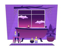 velas con bañera aislado frío lo fi imagen. hogar spa día. luz de una vela en baño 2d vector dibujos animados interior ilustración, onda de vapor antecedentes. Años 80 retro álbum arte, sintetizador estética