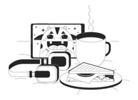 acogedor composición en cama bw conceptual héroe imagen. taza de té, tableta dispositivo y emparedado monocromo 2d dibujos animados escena en blanco antecedentes. hora de acostarse cuentos aislado concepto ilustración. vector Arte