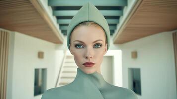 Symmetrical close-up portrait of an expressive French supermodel in a celadon-colored house wearing tight-fitting clothing. photo