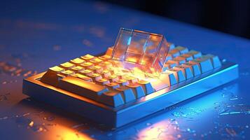 A Lighting Mechanical Card Rests in Computer Keyboard at Dark Background, High Quality Technology . photo