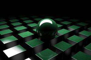 Dark Green Cube or Block Texture Abstract Background with Glowing Spheres 3d Render illustration. Generative AI. photo