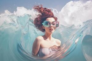 Young fashionable girl surrounded by waves in the sea, art. photo