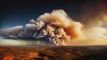 Dramatic landscape with heavy fire and puffs of smoke in Western Australia, bushfire. Generative AI photo