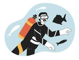 Underwater diving concept hero image. Scuba diver exploring sealife 2D cartoon outline character on white background. Snorkeler isolated black and white illustration. Vector art for web design ui