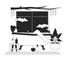 tomando bañera con vela luces aislado frío lo fi imagen. cerrado ojos mujer relajante en bañera 2d vector dibujos animados personaje ilustración, minimalismo antecedentes. Años 80 retro álbum arte, línea Arte