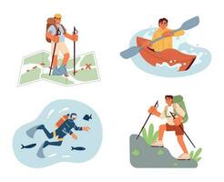 Extreme sports conceptual hero image set. Outdoor recreational activities in land, water. Outdoors men concept illustration pack. Recreation people. Summer wanderlust. Vector art for web design ui