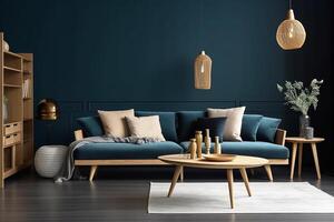 interior de el vivo habitación con un grande sofá en marrón y azul tonos generativo ai foto