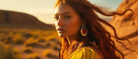 Girl model, Indian girl with red hair, psychedelic yellow desert landscape background. photo