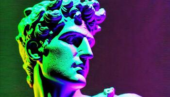 Antique statue in neon lights. photo