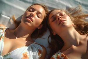 Two young women lying on a beach towel with their eyes closed. Perspective pov. photo