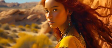 Girl model, Indian girl with red hair, psychedelic yellow desert landscape background. photo