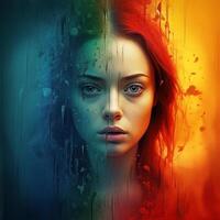 Emotions in faces and colors. Emotional woman with colorful colors emphasizing the emotional state. photo