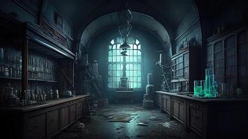 antiguo oscuro fantástico laboratorio.medieval abandonado alquimista laboratorio. generativo ai foto