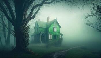 Old wooden house and alone tree on the hills. photo