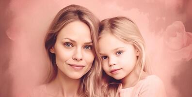 Happy Woman with baby girl, pink background, studio light, family. photo