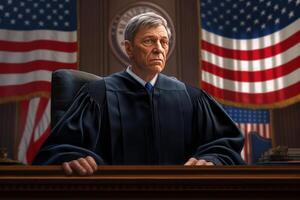 un mayor juez entrega abajo un inventados veredicto en el sala de justicia. generativo ai foto