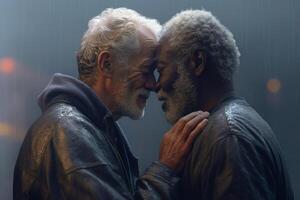 Two happy older men hugging each other, one black, the other Caucasian, gay, LGBT. photo