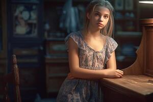 joven niña en un vestido, retro estilo, Diecinueveavo siglo, en un habitación a un mesa. generativo ai foto