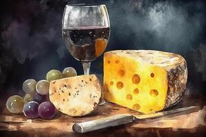 vaso de vino y queso y manojo de uvas en mesa, acuarela pintura en texturizado papel. digital acuarela cuadro. generativo ai foto
