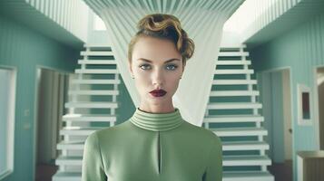 Symmetrical close-up portrait of an expressive French supermodel in a celadon-colored house wearing tight-fitting clothing. photo
