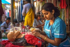 Tamil Nadu nursing student practices CPR on a mannequin. photo