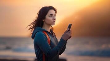 hermosa niña con un célula teléfono en frente de el mar. generativo ai foto