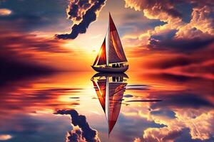 A sailing boat on the water during sunset. photo