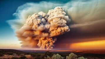 Dramatic landscape with heavy fire and puffs of smoke in Western Australia, bushfire. photo