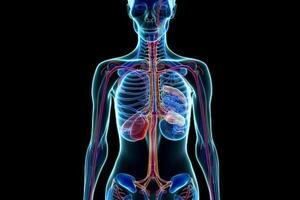 Abstract anatomical skeleton of a woman in neon outline light, black background. photo