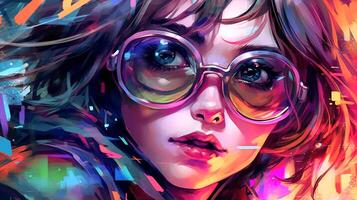 Girl in glasses, neon colors, manga style, comic book, anime, close-up portrait. photo