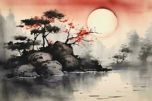 chino paisaje, chino tinta pintura con color, pintado en acuarela en texturizado papel. digital acuarela pintura foto