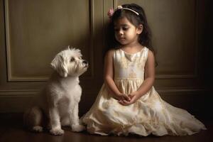 un pequeño chino niña en un verano vestir con un blanco perro. generativo ai foto