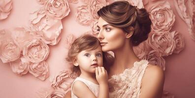 Happy Woman with baby girl, pink background, studio light, family. photo