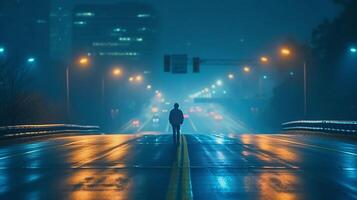 hombre en pie en el camino, distante paisaje urbano, niebla, noche Encendiendo, lluvia, mojado la carretera. generativo ai foto