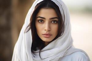 retrato de un joven, hermosa pakistaní chica, un musulmán niña en un hiyab generativo ai foto